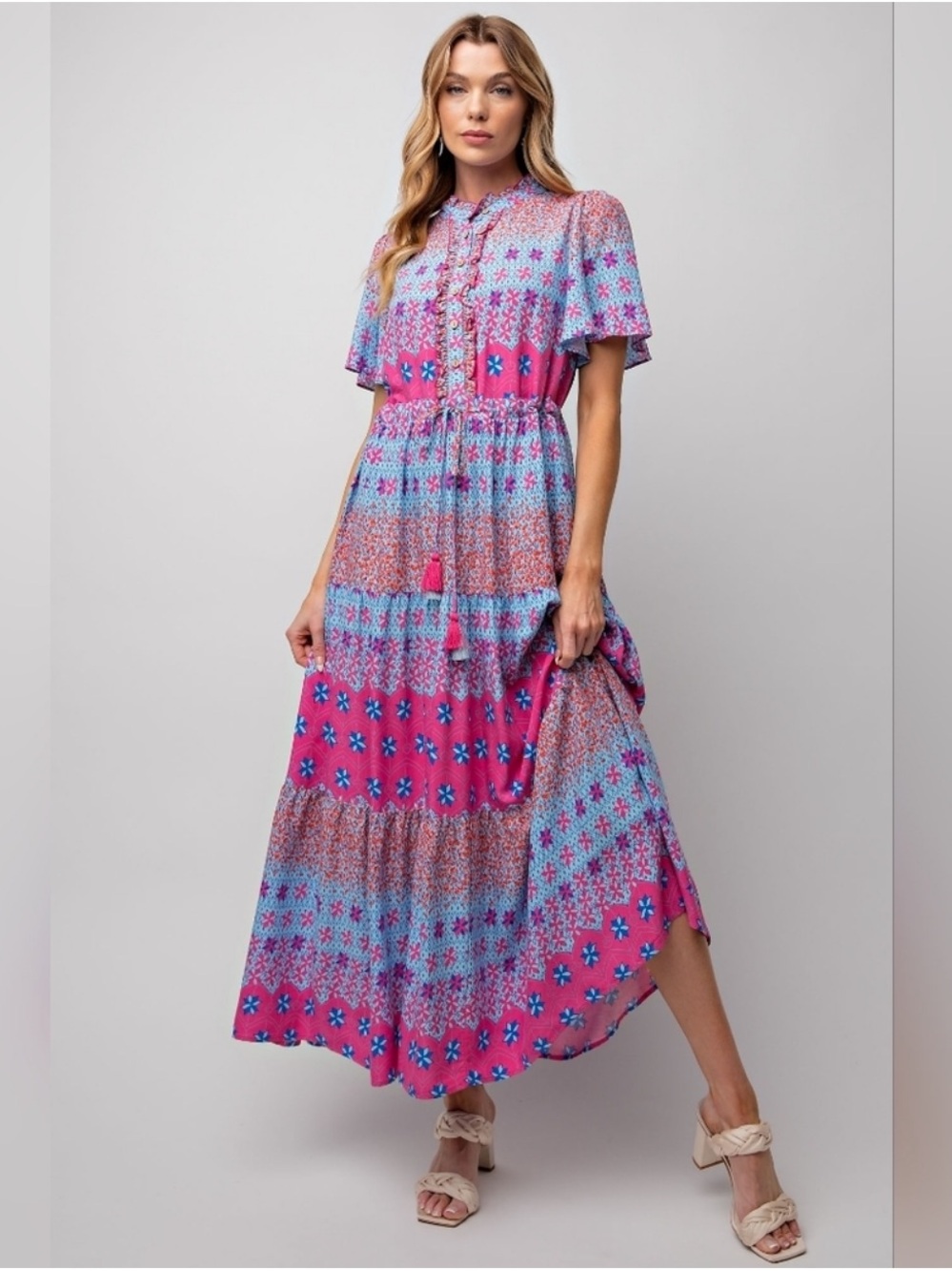 Nwots POL Bohemian Pink & Blue Floral Tiered Maxi Dress